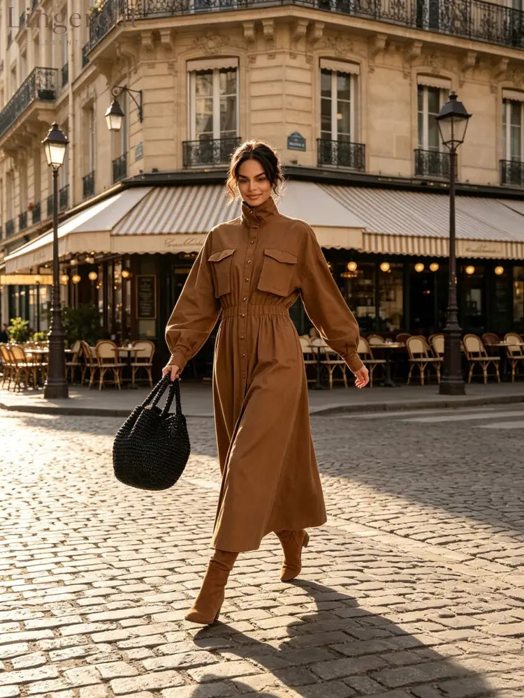 Women’s Solid Beige Stand Collar Pocket Elastic Waist Long Sleeve Shirt Midi Dress