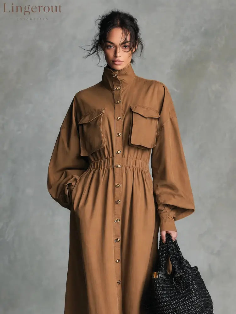 Women’s Solid Beige Stand Collar Pocket Elastic Waist Long Sleeve Shirt Midi Dress