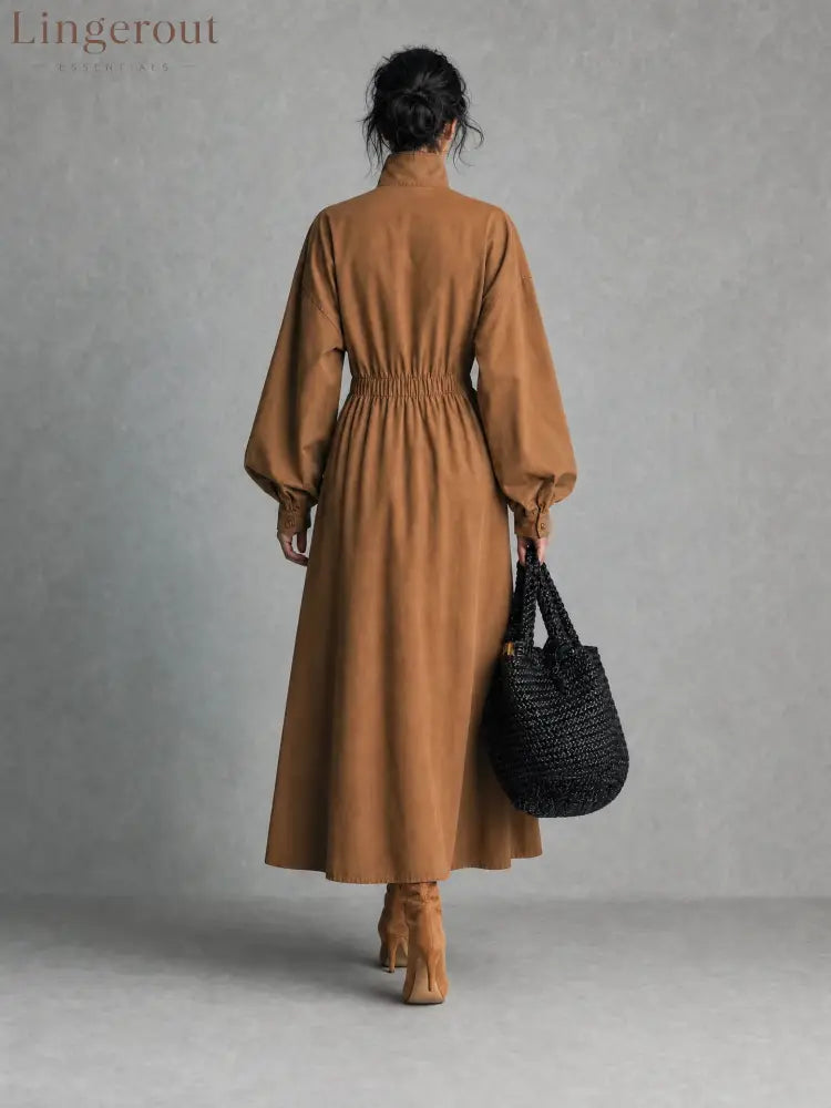 Women’s Solid Beige Stand Collar Pocket Elastic Waist Long Sleeve Shirt Midi Dress