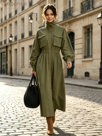 Women’s Solid Beige Stand Collar Pocket Elastic Waist Long Sleeve Shirt Midi Dress - Army green / XS