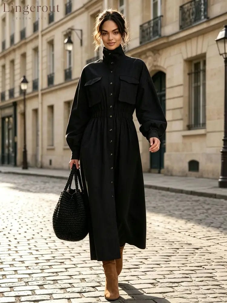 Women’s Solid Beige Stand Collar Pocket Elastic Waist Long Sleeve Shirt Midi Dress - Black / XS