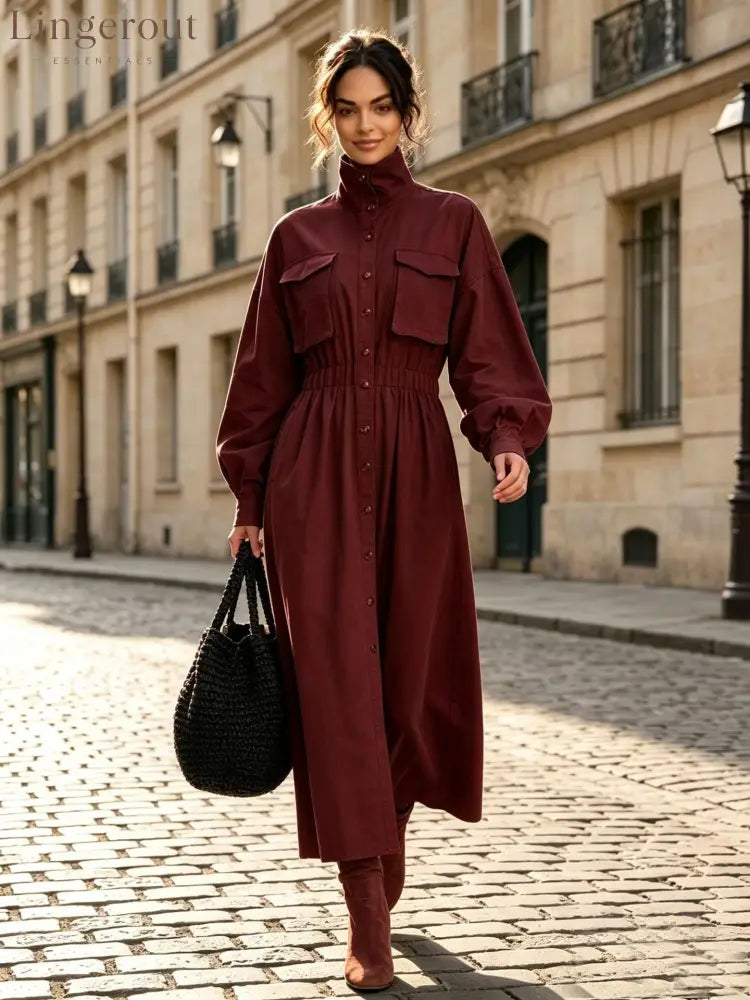 Women’s Solid Beige Stand Collar Pocket Elastic Waist Long Sleeve Shirt Midi Dress - Burgundy / XS