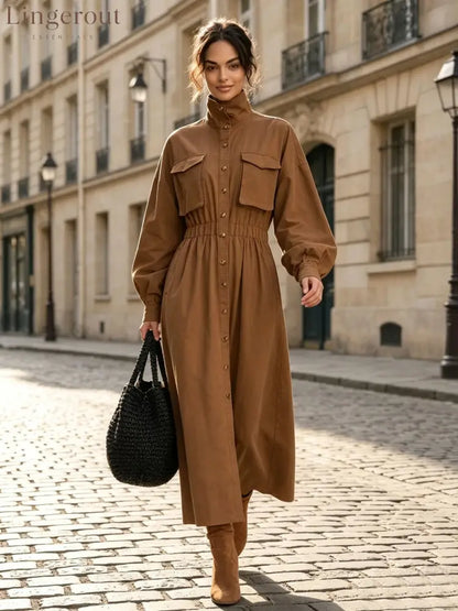 Women’s Solid Beige Stand Collar Pocket Elastic Waist Long Sleeve Shirt Midi Dress - Caramel / XS