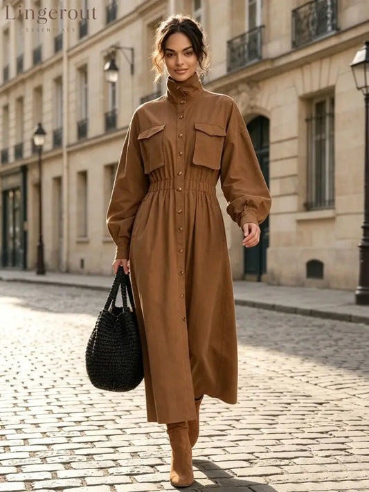 Women’s Solid Beige Stand Collar Pocket Elastic Waist Long Sleeve Shirt Midi Dress - Caramel / XS