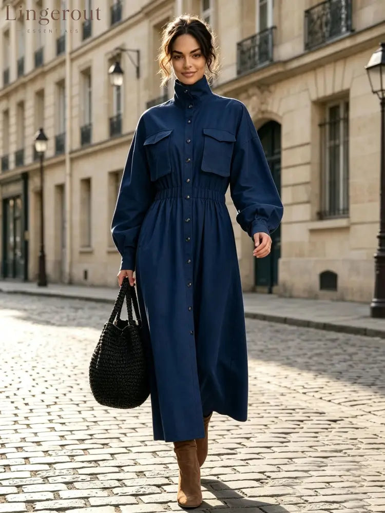 Women’s Solid Beige Stand Collar Pocket Elastic Waist Long Sleeve Shirt Midi Dress - Navy / XS