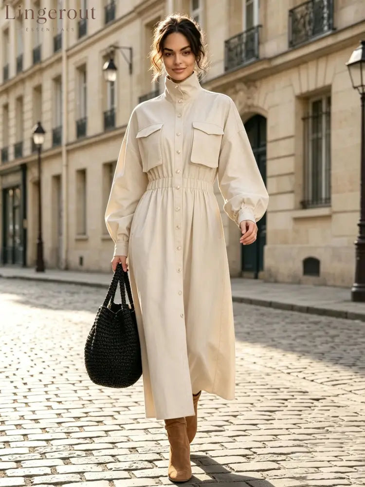 Women’s Solid Beige Stand Collar Pocket Elastic Waist Long Sleeve Shirt Midi Dress - Off‑white / XS