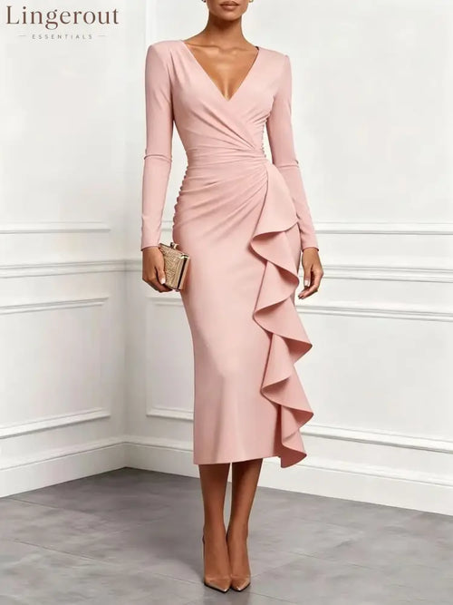 Women’s Solid Blush‑Pink Wrap Ruffle Ruched Long‑Sleeve Midi Dress - Pink / S