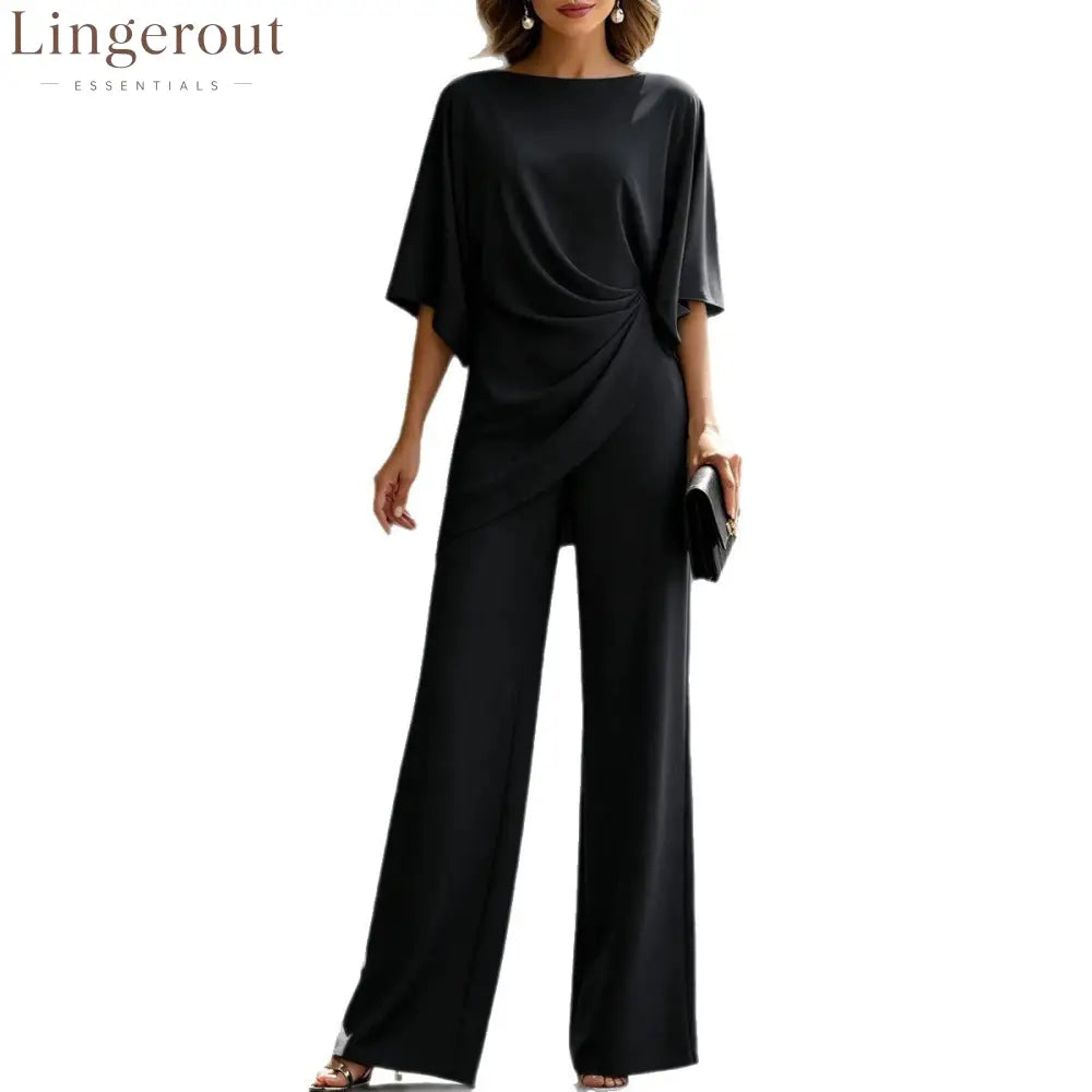 Women’s Solid Boat Neck Batwing Sleeve Draped Top & Wide Leg Pants 2 Piece Jumpsuit Set