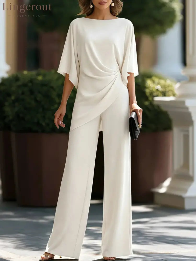Women’s Solid Boat Neck Batwing Sleeve Draped Top & Wide Leg Pants 2 Piece Jumpsuit Set - 白色 / S