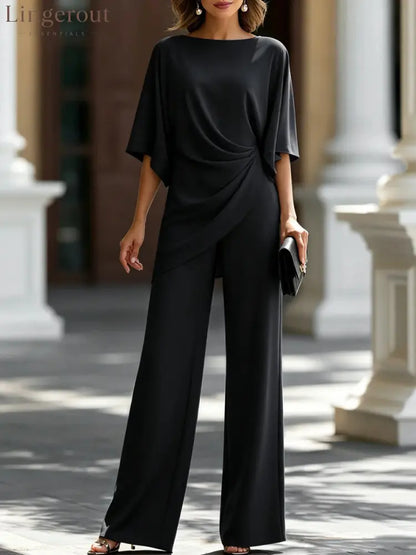 Women’s Solid Boat Neck Batwing Sleeve Draped Top & Wide Leg Pants 2 Piece Jumpsuit Set - 黑色 / S