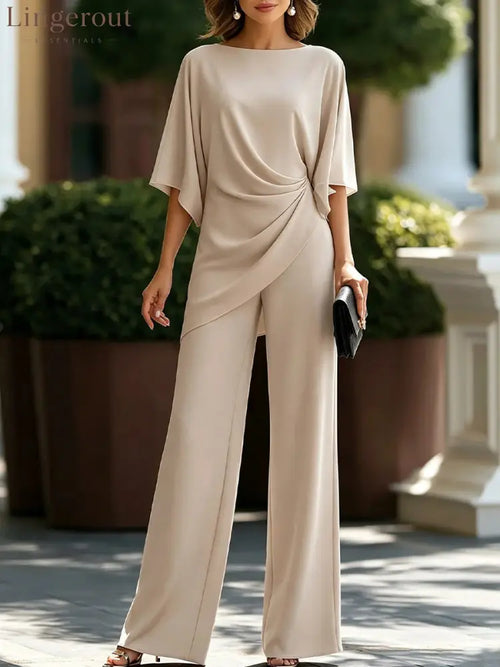 Women’s Solid Boat Neck Batwing Sleeve Draped Top & Wide Leg Pants 2 Piece Jumpsuit Set - 杏色 / S