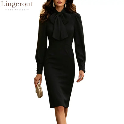 Women’s Solid Bow‑Tie Neck Puff Shoulder Long‑Sleeve Bodycon Midi Dress