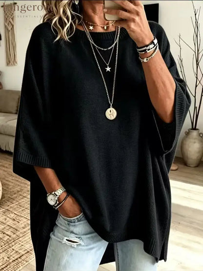 Women’s Solid Brown Round Neck Batwing 3/4 Sleeve Loose Knit Tunic Sweater - Black / S
