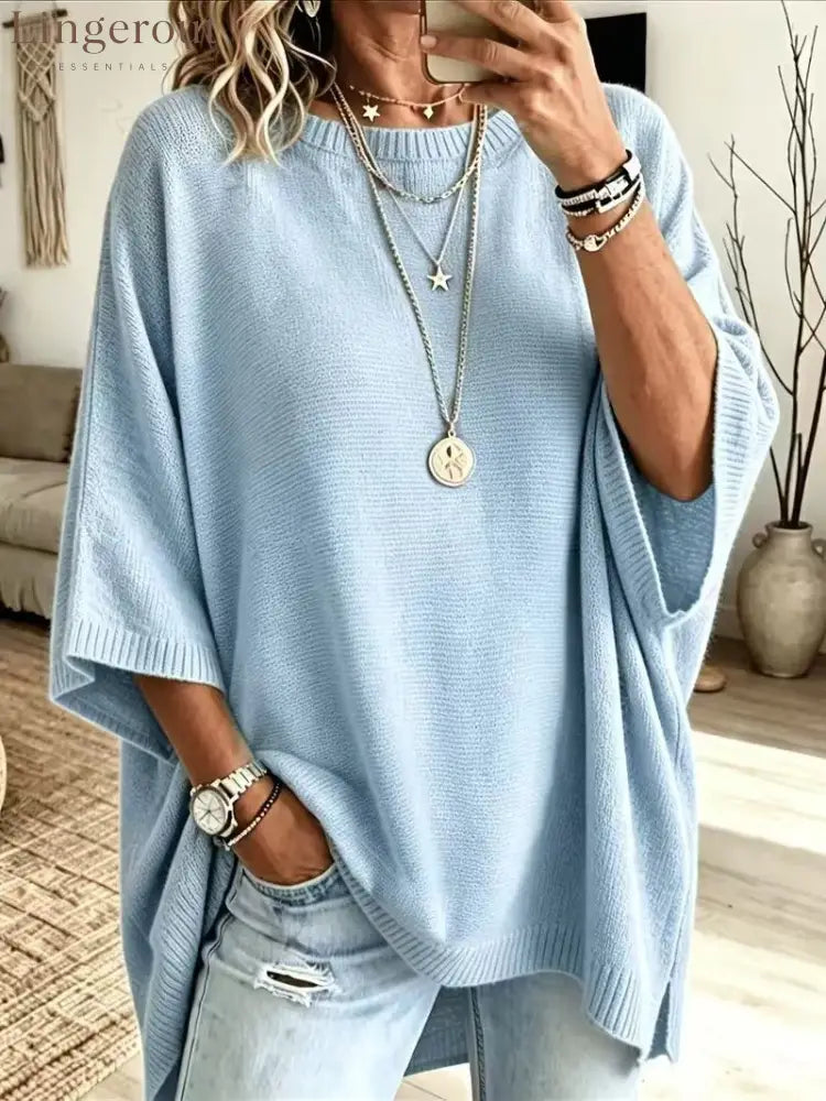 Women’s Solid Brown Round Neck Batwing 3/4 Sleeve Loose Knit Tunic Sweater - Blue / S