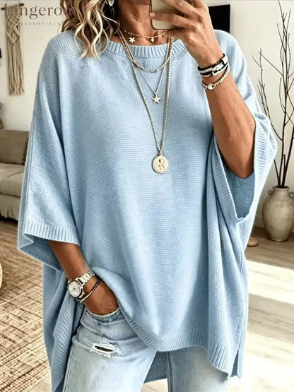 Women’s Solid Brown Round Neck Batwing 3/4 Sleeve Loose Knit Tunic Sweater - Blue / S