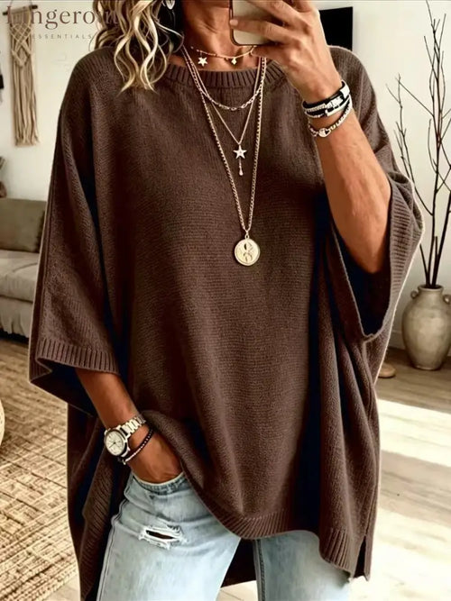 Women’s Solid Brown Round Neck Batwing 3/4 Sleeve Loose Knit Tunic Sweater - Coffee / S