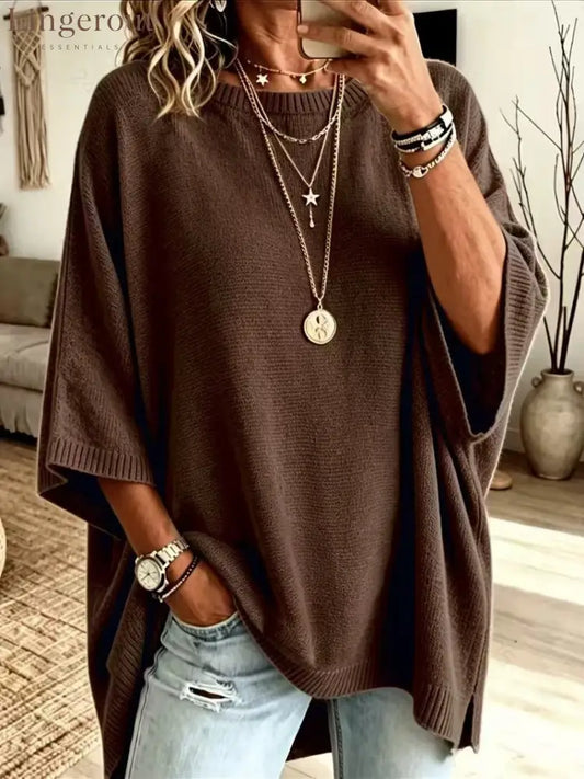 Women’s Solid Brown Round Neck Batwing 3/4 Sleeve Loose Knit Tunic Sweater - Coffee / S