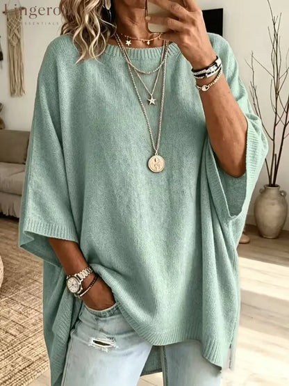 Women’s Solid Brown Round Neck Batwing 3/4 Sleeve Loose Knit Tunic Sweater - Green / S