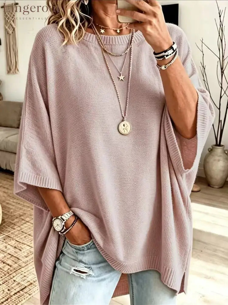 Women’s Solid Brown Round Neck Batwing 3/4 Sleeve Loose Knit Tunic Sweater - Pink / S