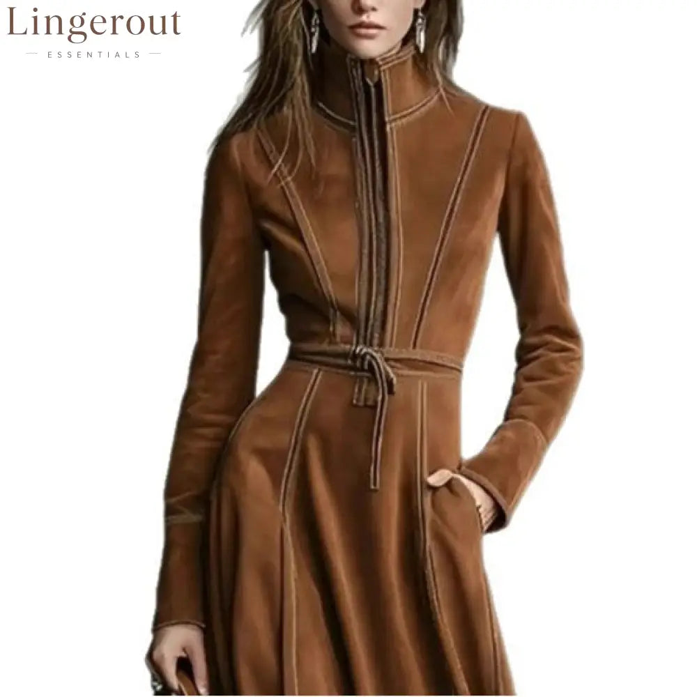 Women’s Solid Brown Suede Zip‑Front Belted Long‑Sleeve Midi Dress
