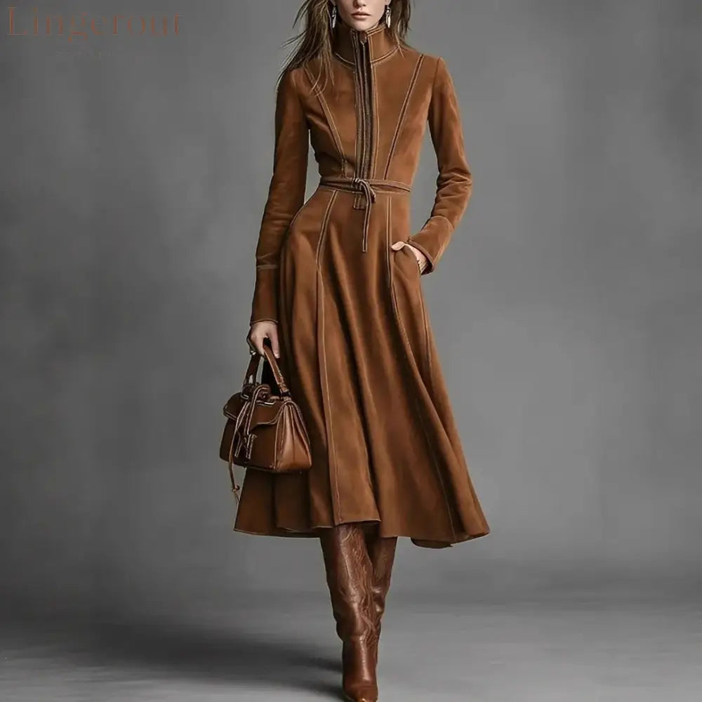 Women’s Solid Brown Suede Zip‑Front Belted Long‑Sleeve Midi Dress