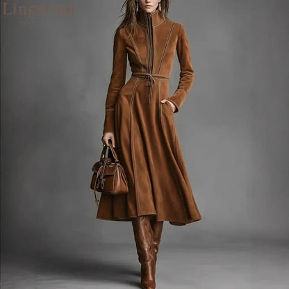 Women’s Solid Brown Suede Zip‑Front Belted Long‑Sleeve Midi Dress