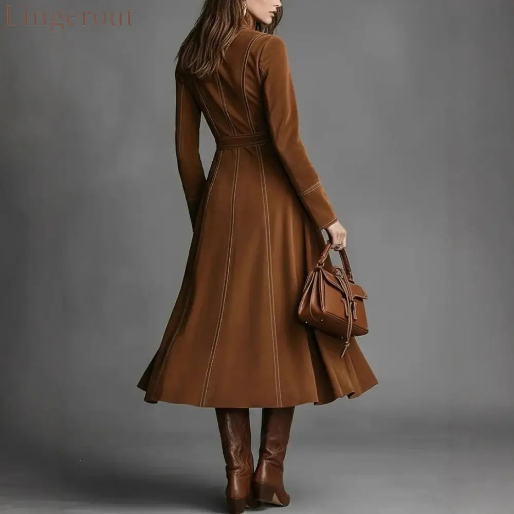 Women’s Solid Brown Suede Zip‑Front Belted Long‑Sleeve Midi Dress