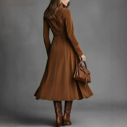 Women’s Solid Brown Suede Zip‑Front Belted Long‑Sleeve Midi Dress