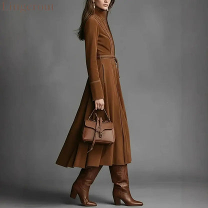 Women’s Solid Brown Suede Zip‑Front Belted Long‑Sleeve Midi Dress