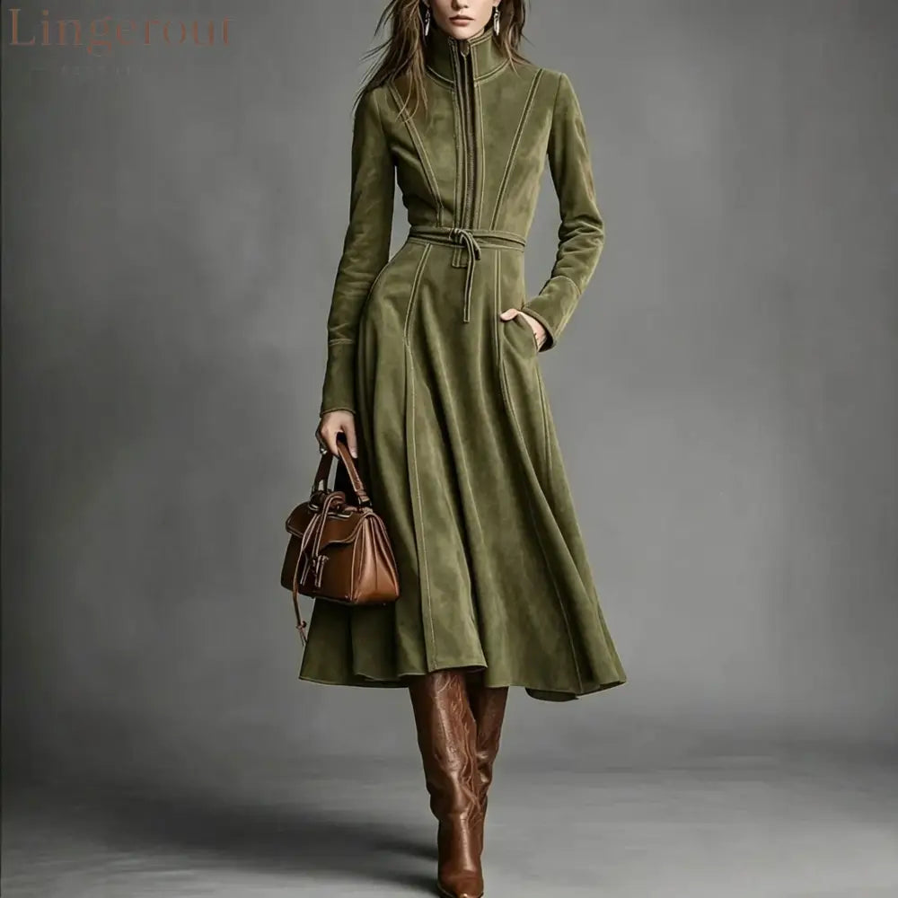 Women’s Solid Brown Suede Zip‑Front Belted Long‑Sleeve Midi Dress - Army green / XS