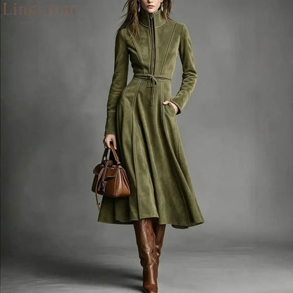 Women’s Solid Brown Suede Zip‑Front Belted Long‑Sleeve Midi Dress - Army green / XS