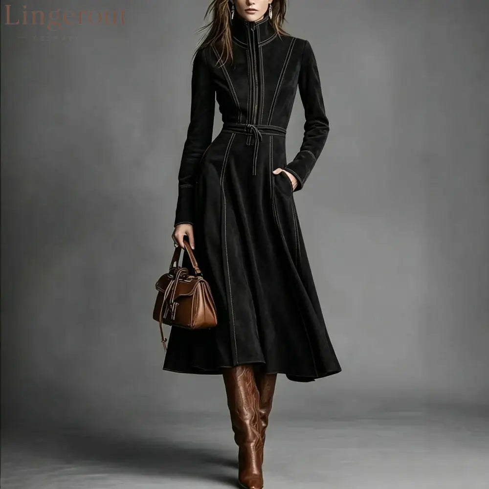 Women’s Solid Brown Suede Zip‑Front Belted Long‑Sleeve Midi Dress - Black / XS