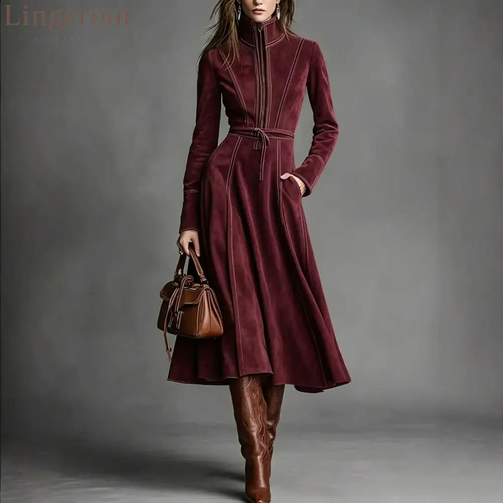 Women’s Solid Brown Suede Zip‑Front Belted Long‑Sleeve Midi Dress - Burgundy / XS