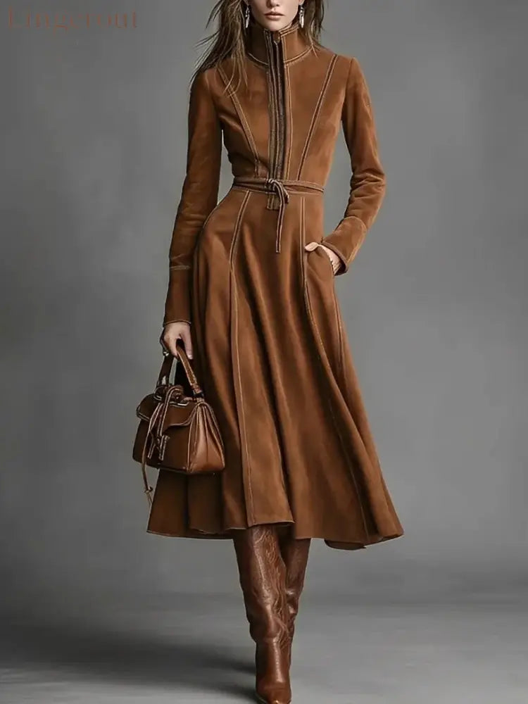 Women’s Solid Brown Suede Zip‑Front Belted Long‑Sleeve Midi Dress - Caramel / XS
