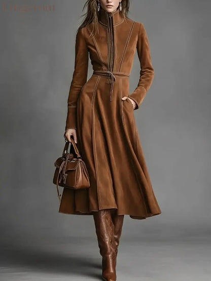 Women’s Solid Brown Suede Zip‑Front Belted Long‑Sleeve Midi Dress - Caramel / XS