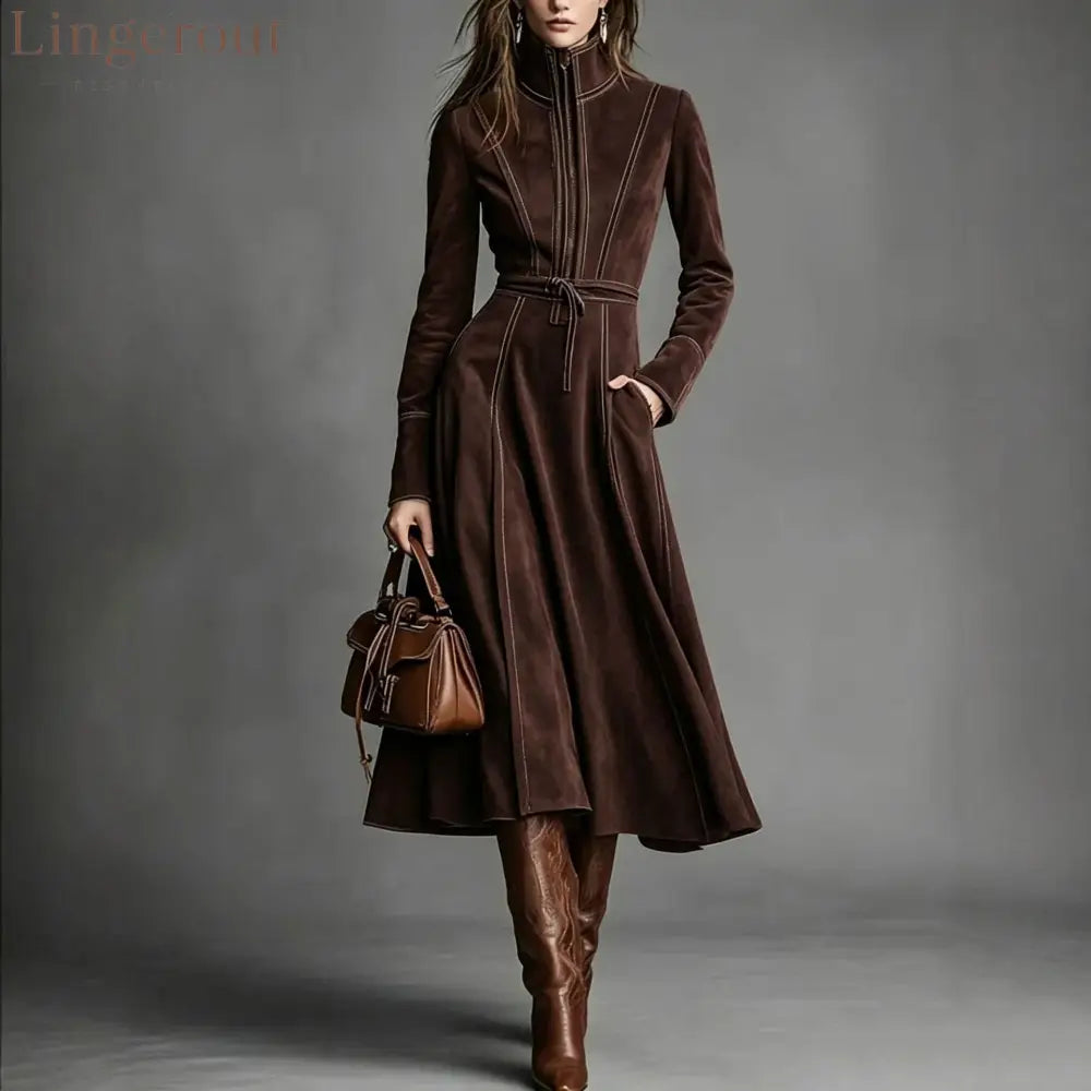 Women’s Solid Brown Suede Zip‑Front Belted Long‑Sleeve Midi Dress - Coffee brown / XS