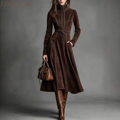 Women’s Solid Brown Suede Zip‑Front Belted Long‑Sleeve Midi Dress - Coffee brown / XS