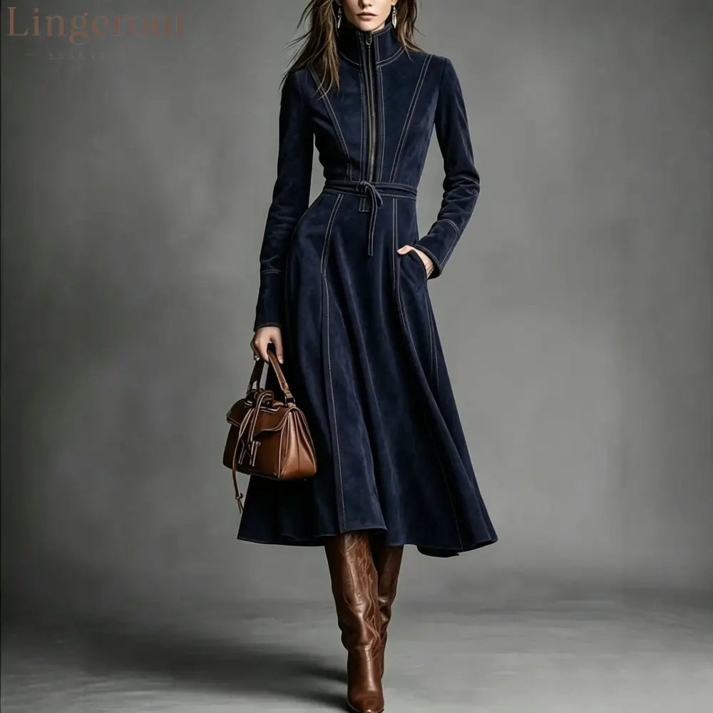 Women’s Solid Brown Suede Zip‑Front Belted Long‑Sleeve Midi Dress - Navy blue / XS