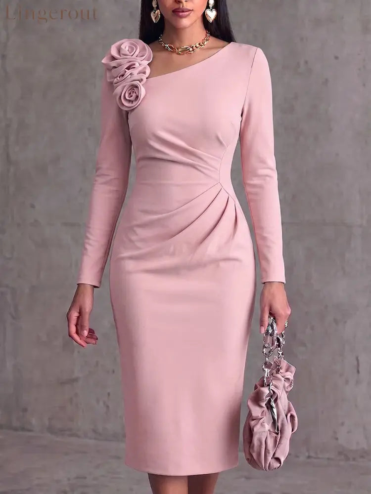 Women’s Solid Color Asymmetrical Neckline 3d Rose Long Sleeve Casual Loose Dress - Pink / S