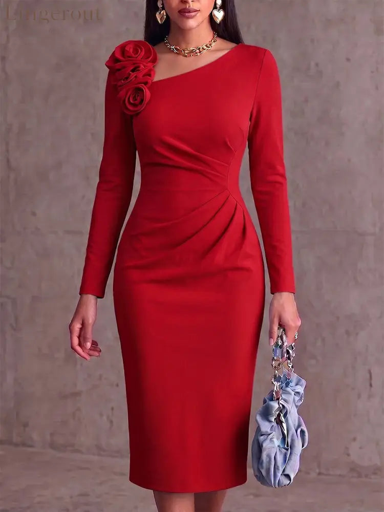 Women’s Solid Color Asymmetrical Neckline 3d Rose Long Sleeve Casual Loose Dress - Red / S