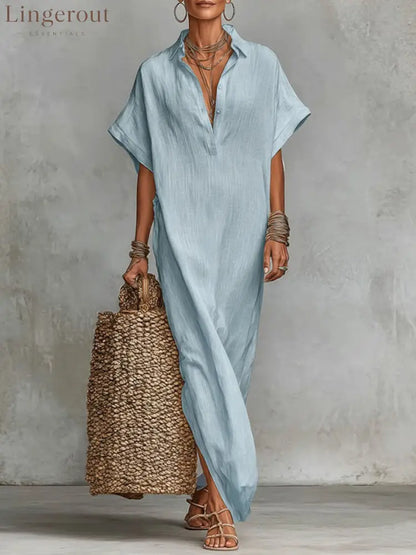 Women’s Solid Color Collared Short-sleeved Casual Loose Linen Dress - Blue / S