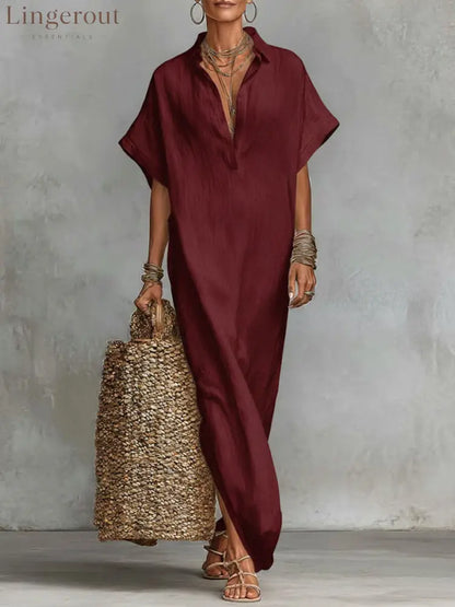 Women’s Solid Color Collared Short-sleeved Casual Loose Linen Dress - Burgundy / S