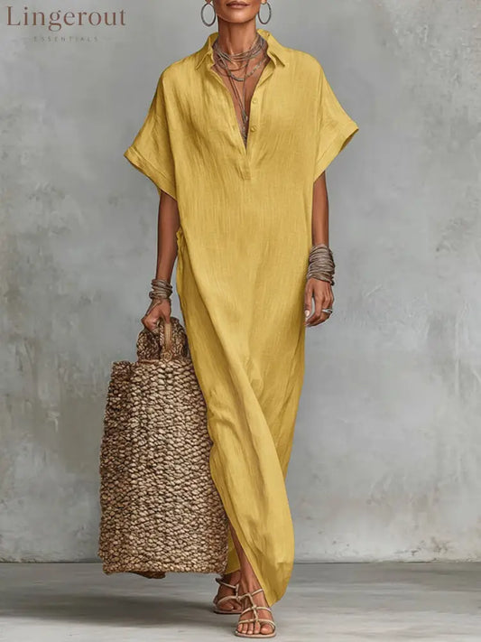 Women’s Solid Color Collared Short-sleeved Casual Loose Linen Dress - Yellow / S