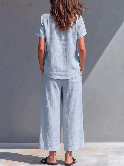 Women’s Solid-color Cotton-linen Set: Loose-fit Short-sleeve Crew-neck Top & High-waisted Wide-leg Pants