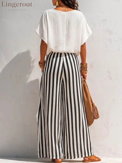 Women’s Solid-color Cowl-neck Short-sleeve Loose-fit Cotton-linen Top & Elastic-waist Striped Wide-leg Cotton-linen