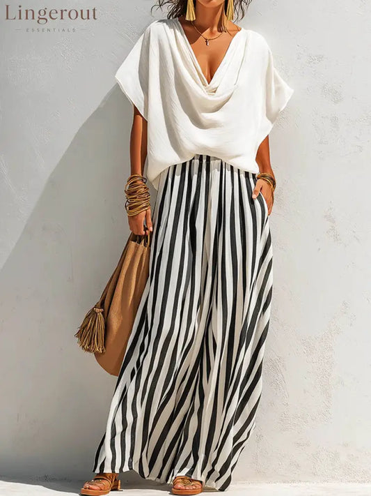 Women’s Solid-color Cowl-neck Short-sleeve Loose-fit Cotton-linen Top & Elastic-waist Striped Wide-leg Cotton-linen