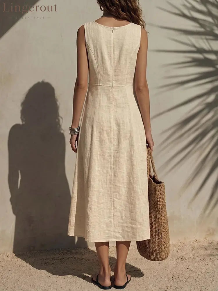 Women’s Solid Color Crew Neck Sleeveless Casual Loose Cotton-linen Dress