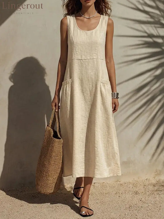 Women’s Solid Color Crew Neck Sleeveless Casual Loose Cotton-linen Dress - Linen / S