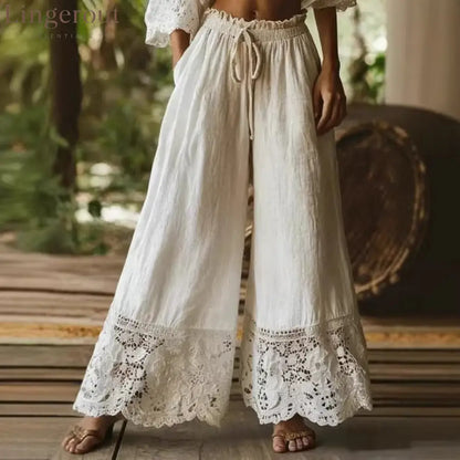 Women’s Solid Color High-waisted Drawstring Wide-leg Pants With Cotton And Linen Lace Trim - White / S