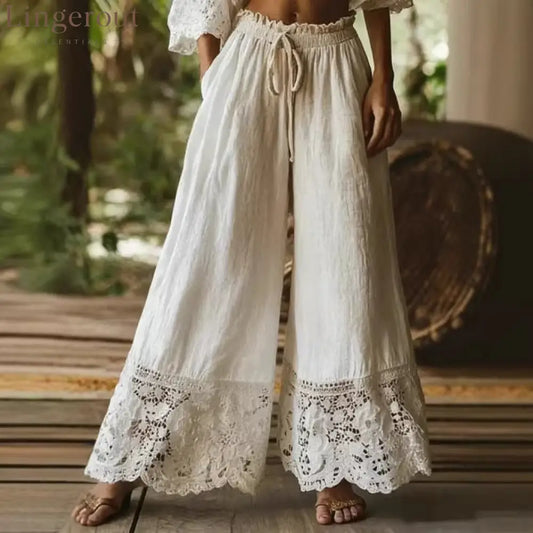 Women’s Solid Color High-waisted Drawstring Wide-leg Pants With Cotton And Linen Lace Trim - White / S